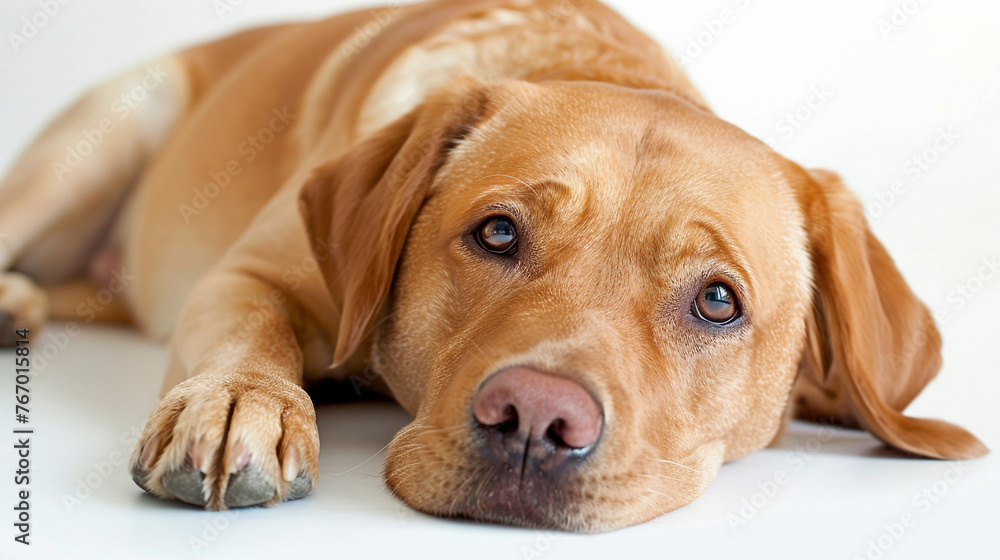 Sweet Labrador retriever posing for a photo against white studio backdrop.