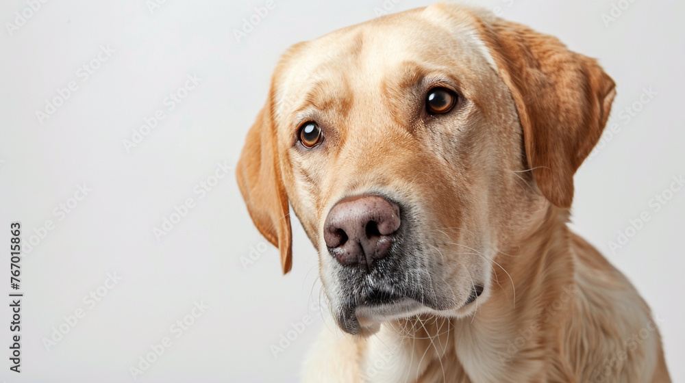 Sweet Labrador retriever posing for a photo against white studio backdrop. Sweet Labrador retriever posing for a photo against white studio backdrop.