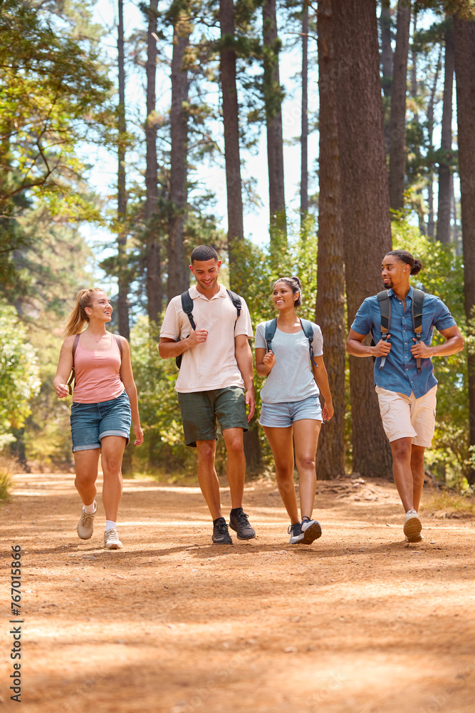 Fototapeta premium Young Active Couple With Friends Wearing Backpacks Hiking Along Trail Through Countryside