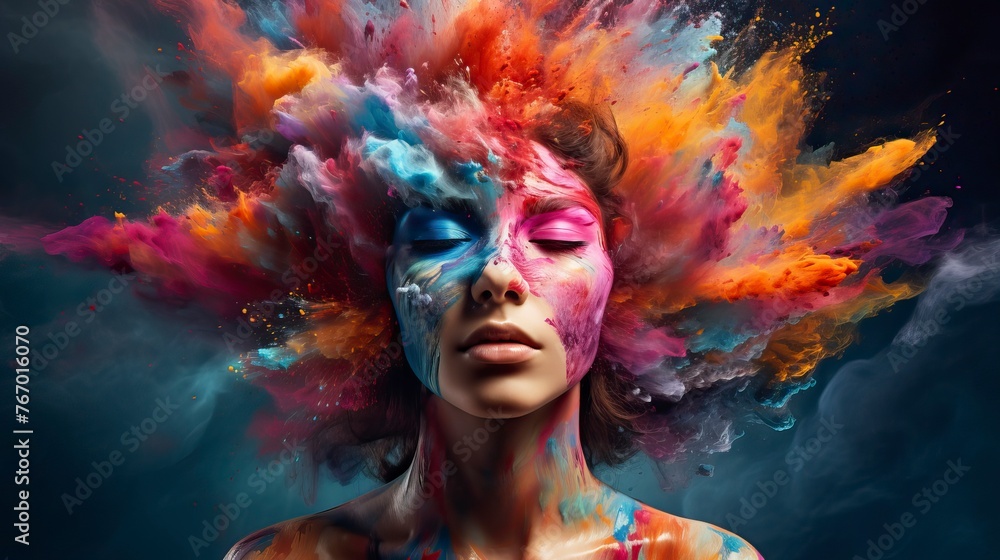 Colorful painted explosion in head. Concept of creative mind and imagination