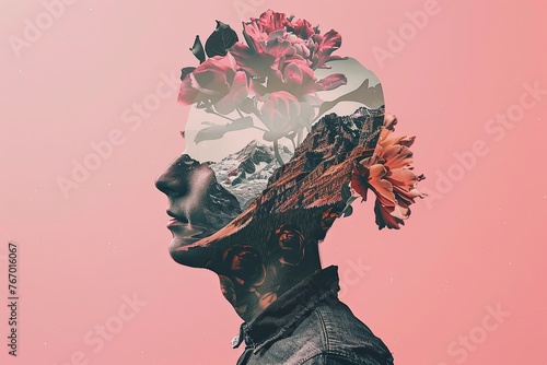 Minimalistic collage of a young man with a double exposure of flowers and mountains inside his head against a pastel pink background photo