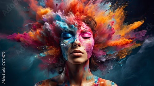 Colorful painted explosion in head. Concept of creative mind and imagination