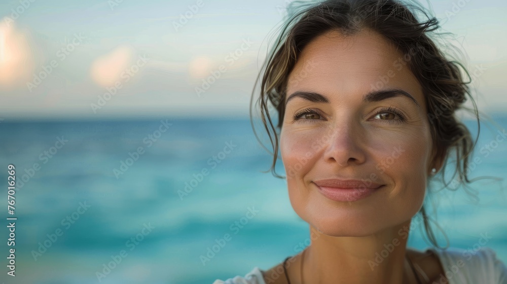 Serene woman enjoying a tranquil beach setting at sunset Serene woman enjoying a tranquil beach setting at sunset