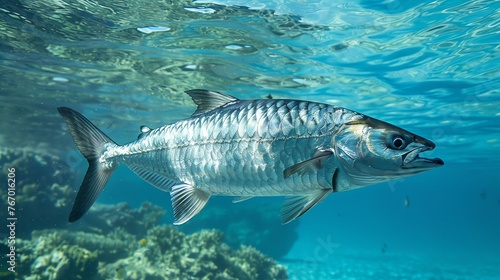 A large fish with a long, silver body and a pointed snout swims in the clear blue water.
