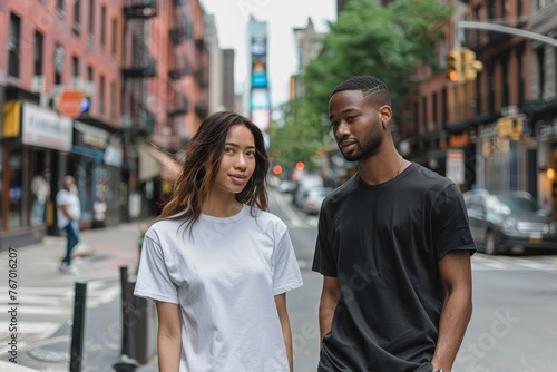 Trendy Young Couple T-Shirt Mockup in Casual Wear Walking Confidently on Urban Street © Philipp