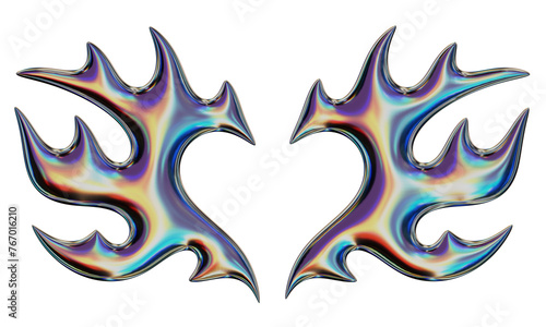 3D flame in the shape of wings and a heart. Trendy Y2K element. Iridescent colorful burning fire shape with glossy gradient effect. 3D render. Isolated illustration