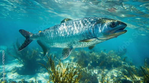 A large tarpon fish swims in the clear blue water of the ocean. The fish is long and slender, with a silvery body and a dark blue back.