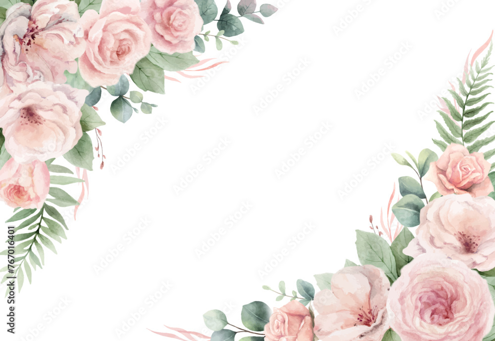 Floral vector border frame with pink roses flowers, eucalyptus branches and leaves. Perfect for wedding stationery, greetings, wallpapers, fashion, fabric, home decoration. Hand painted illustration.