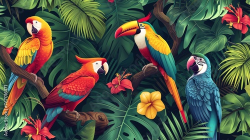 Colorful tropical birds in a lush jungle setting. The vibrant colors of the birds and flowers contrast with the dark green foliage. © Berivan