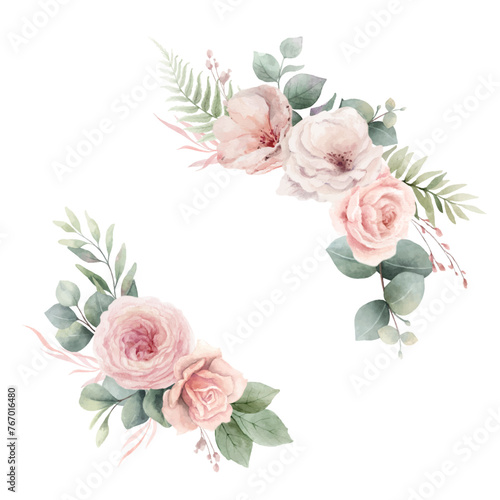 Blush pink roses flowers and eucalyptus leaves. Watercolor vector floral wreath. Rustic wedding greenery, save the date card, stationary, greetings, fashion. Hand painted illustration.