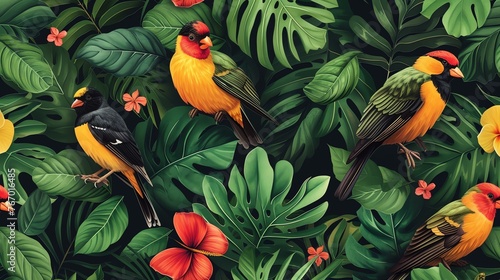 Vibrant seamless tropical pattern design with colorful birds and lush foliage. Exotic bird species in a dense jungle setting. © Berivan