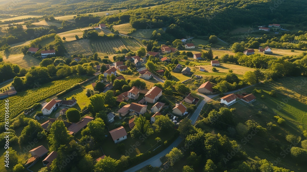 An aerial shot of a small village nestled in the rolling hills of the countryside.
