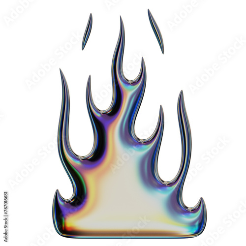 3D flame. Trendy Y2K element. Iridescent colorful burning fire shape with glossy gradient effect. 3D render. Isolated illustration.