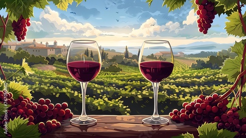 Serene Wine Tasting in a Picturesque Vineyard Landscape with Glasses and Grapes Under the Warm Sunshine
