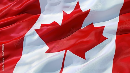 A flag is waving in the wind. It has a red background with a white square in the center. The square has a red maple leaf on it.