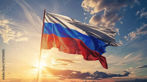 A flag of Russia waving in the wind. The flag is blowing in the wind and the sun is shining behind it. photo