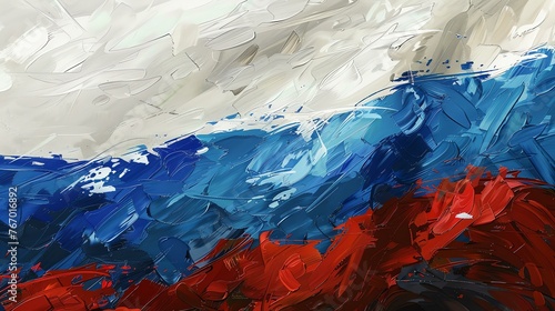 Oil painting of the Russian flag. The brush strokes are thick and heavy, giving the painting a textured look. photo