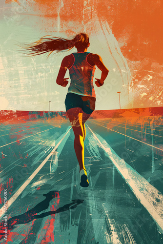illustration of female athlete running on a running track. AI generative