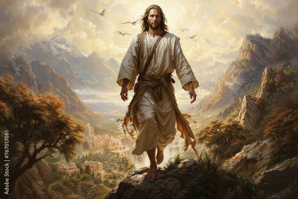 Artistic depiction of Jesus walking in a serene, heavenly landscape