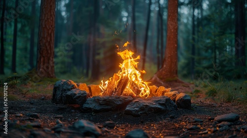 Campfire Burning in Forest Clearing