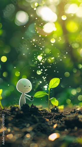 A white figure with a smile on his face plants small plant seeds in the ground (line art). The background is a flower garden with bokeh effect with glowing green and white light points, with sunlight