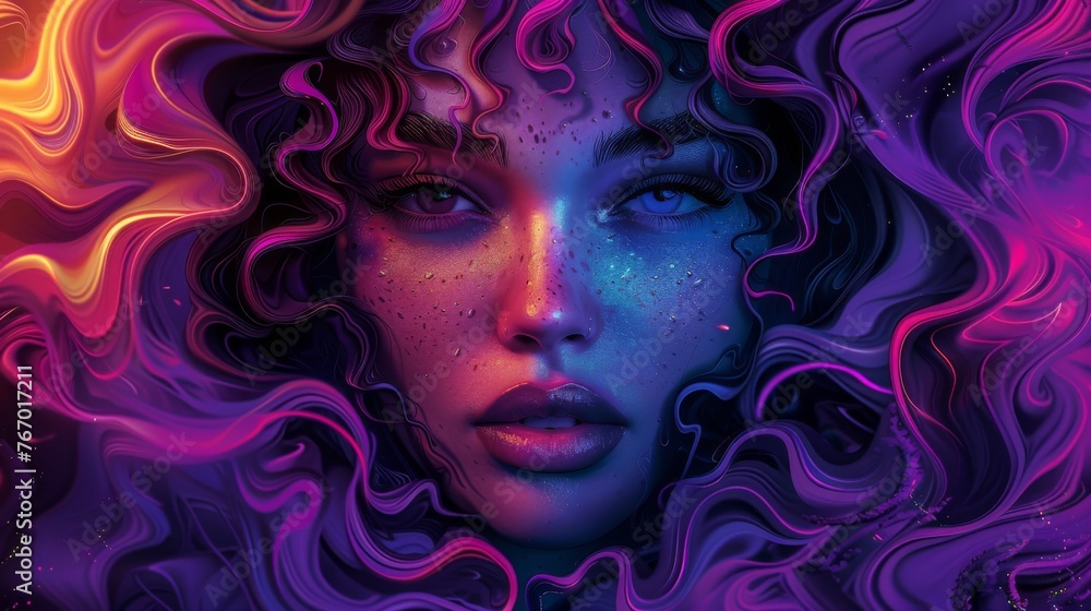 A woman's face with colorful hair and waves surrounding her, in the style of realistic fantasy, neon color palette, dark bronze and violet, split toning, exotic realism A woman's face with colorful hair and waves surrounding her, in the style of realistic fantasy, neon color palette, dark bronze and violet, split toning, exotic realism