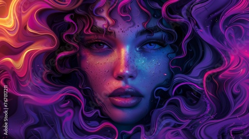 A woman's face with colorful hair and waves surrounding her, in the style of realistic fantasy, neon color palette, dark bronze and violet, split toning, exotic realism © Denis
