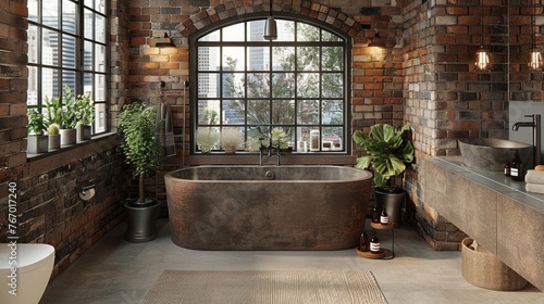 Spacious Bathroom With Brick Wall and Large Tub