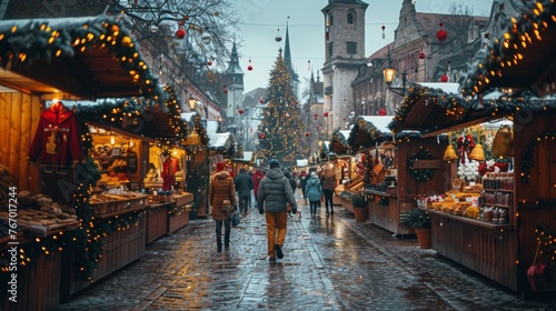 Group of People Walking on Christmas-Lit Street