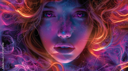 A woman's face with colorful hair and waves surrounding her, in the style of realistic fantasy, neon color palette, dark bronze and violet, split toning, exotic realism
