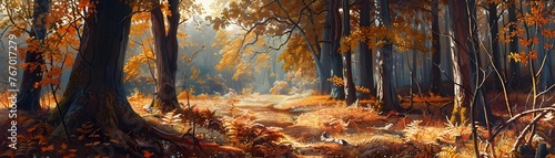 Enchanting Autumn Woodland Pathway with Vibrant Foliage and Soft Sunlight