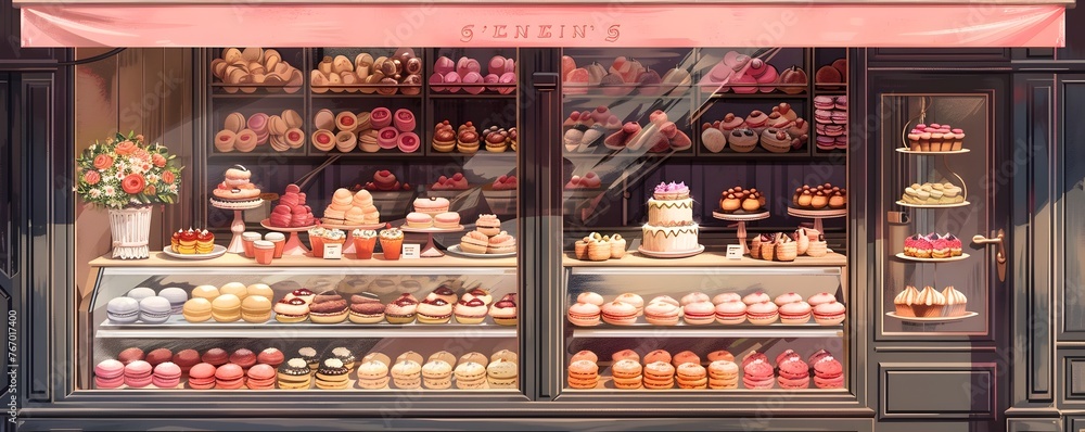 Vibrant French Patisserie Window Showcasing an Artful Display of Delectable Macarons and Eclairs