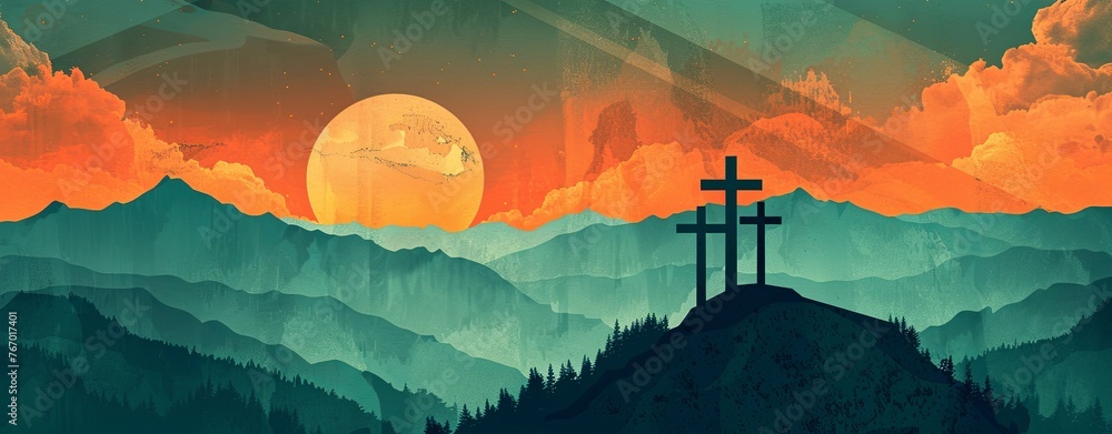 Three crosses on the mountain top, illustration, flat design, orange and teal color palette, digital art style, textured background - obrazy, fototapety, plakaty 