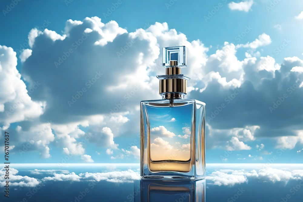 beautiful perfume bottle against the background of the sky and clouds. Neural network mockup HD . beautiful perfume bottle against the background of the sky and clouds. Neural network mockup HD .