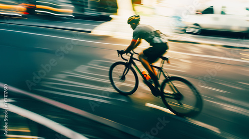 Fast, bicycle and business man in city for morning, commute and carbon neutral transportation. Travel, sustainability and cycling with male employee in urban town for motion blur, speed and transit