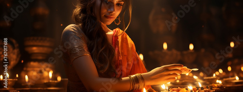 Beautiful Hindu lady wearing saree celebrating Diwali cultural festival, lighting oil lamps at night.
