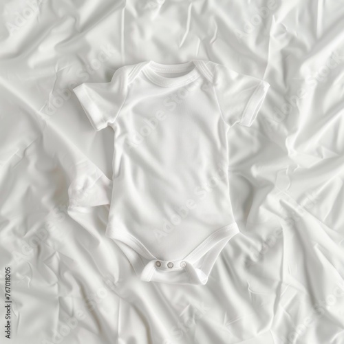 Mockup of a child's bodysuit on a white bed background. photo
