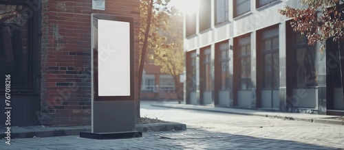 Mockup of a blank white vertical pylon stand near a brick building, shown from the side. An empty information stand on the street for advertising mock-ups. photo