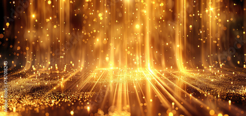 Golden vertical lines of light  some particles are scattered from the light. Generative AI.