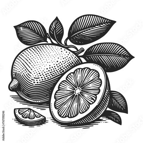 lemon citrus fruit, lemon slice, and leaves sketch engraving generative ai fictional character raster illustration. Scratch board imitation. Black and white image.