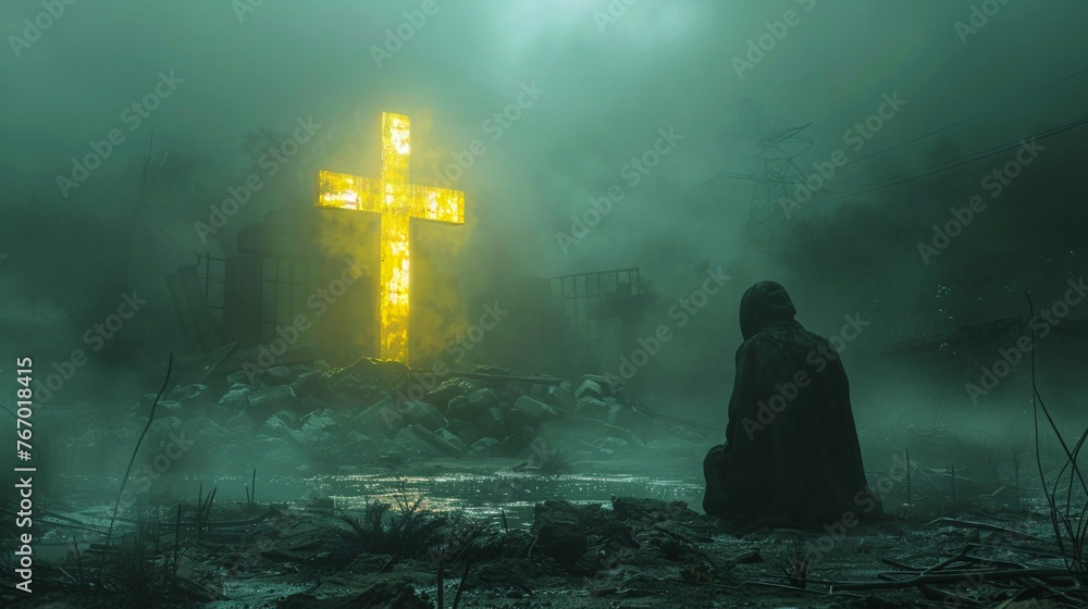 a person sitting in front of a large yellow cross - obrazy, fototapety, plakaty 