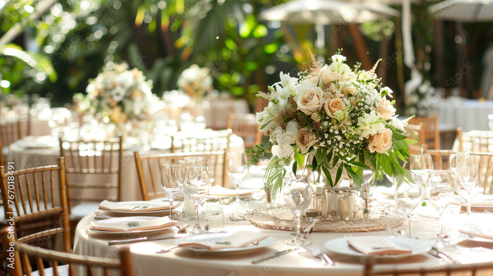 Wedding reception area set for dinner and party Wedding reception area set for dinner and party