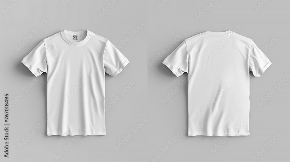 White T-shirt mockup with front and back views isolated on grey background. White T-shirt mockup with front and back views isolated on grey background.