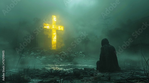 a person sitting in front of a large yellow cross photo