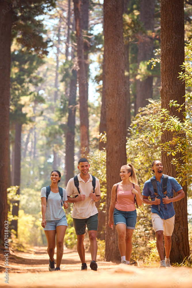 Young Active Couple With Friends Wearing Backpacks Hiking Along Trail Through Countryside Young Active Couple With Friends Wearing Backpacks Hiking Along Trail Through Countryside