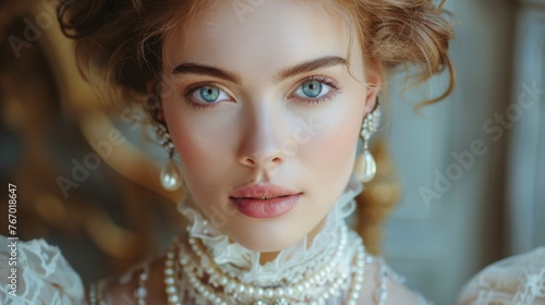 Beautiful women in victorian dress with pearls and diamonds, lace details, tiara, blue eyes, in the style of cinematic 