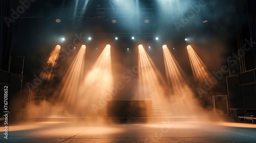 Empty concert stage with illuminated spotlights and smoke © CREATIVE STOCK