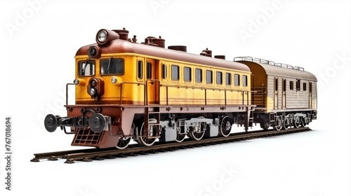 A old rusty train on tracks, rolling on a white background