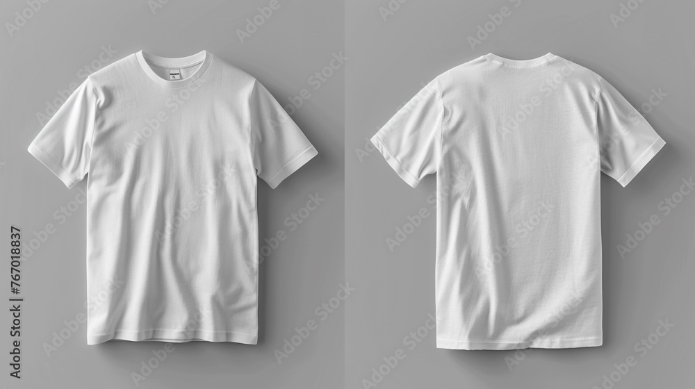White T-shirts showcased from front and back on grey. White T-shirts showcased from front and back on grey.