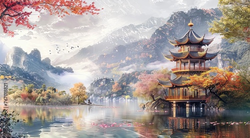 A picturesque scene of an ancient Chinese pavilion nestled amidst the misty mountains, surrounded by vibrant autumn foliage and delicate cherry blossoms floating on the shimmering lake below